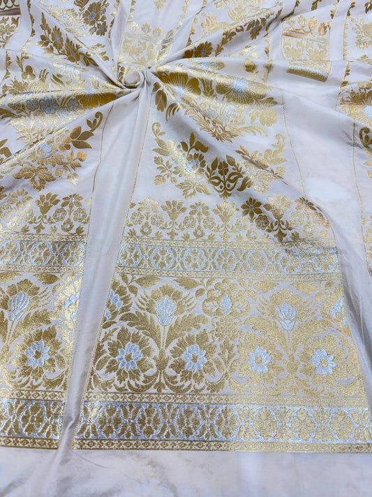 BANARASI SILK UNSTITCHED LEHENGA CHOLI SET – SONA RUPA DESIGN 1 (DYEABLE, SILVER-GOLDEN ZARI)