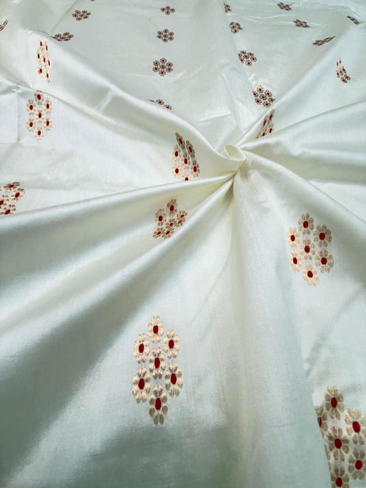 HANDLOOM CHINIYA SILK FABRIC – IVORY CREAM (KADHUWA BOOTA WITH MEENAKARI, GOLDEN ZARI WEAVE, DYEABLE, PER METER)