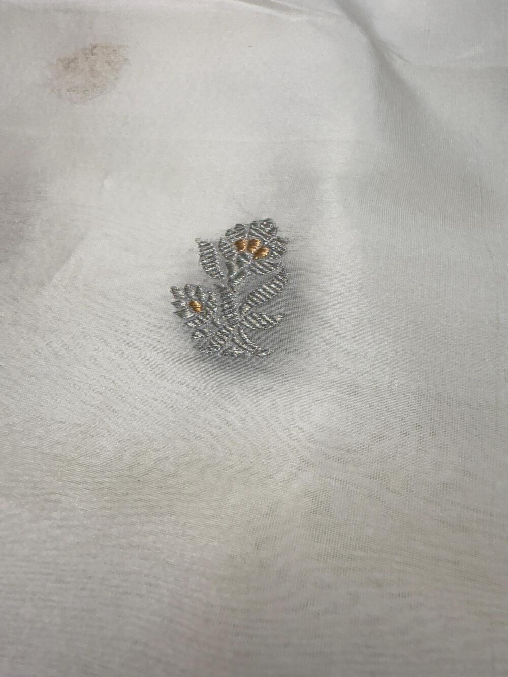 HANDLOOM ORGANZA SILK FABRIC – WHITE (KADHUWA BOOTA, SONA RUPA ZARI WITH MEENAKARI, DYEABLE)