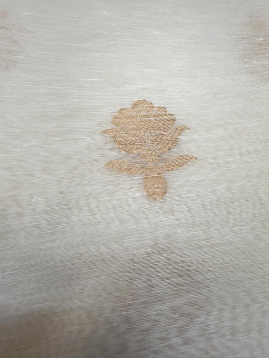 HANDLOOM PURE LINEN SILK FABRIC – WHITE (KADHUWA BOOTA, GOLD ZARI WEAVE, DYEABLE)