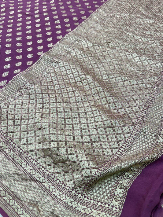 KHADDI GEORGETTE CHIFFON SILK HANDLOOM SAREE – DARK ONION (ALLOVER BOOTI, HANDWOVEN)