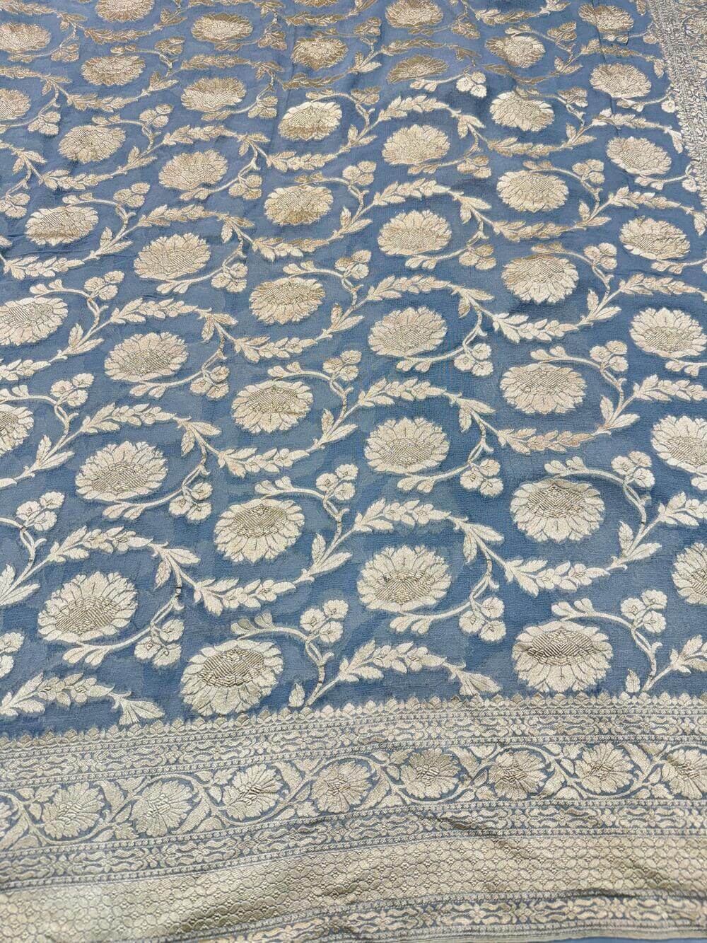 KHADDI GEORGETTE CHIFFON SILK HANDLOOM SAREE – GRAY (ALLOVER JAAL, HANDWOVEN)