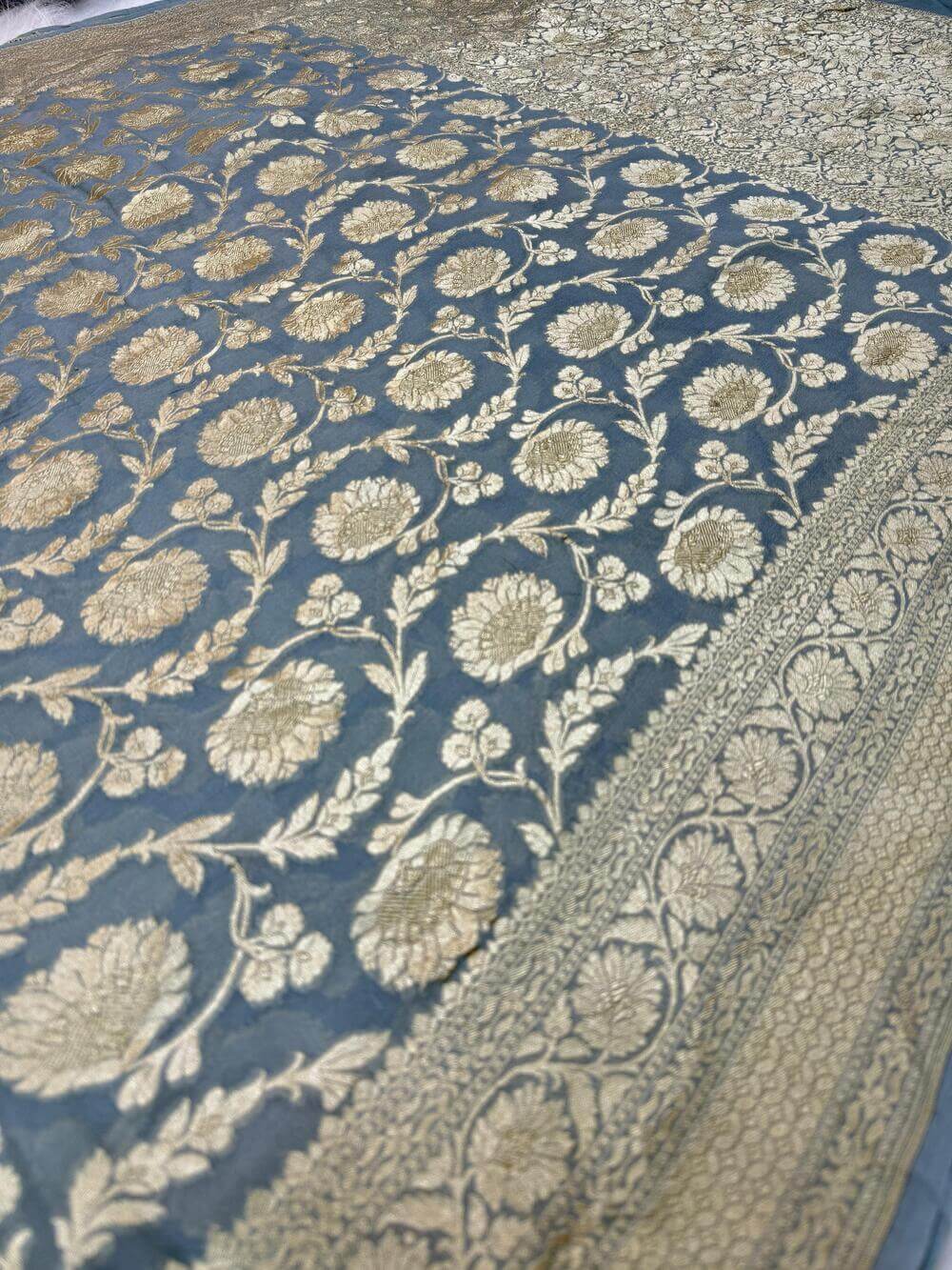 KHADDI GEORGETTE CHIFFON SILK HANDLOOM SAREE – GRAY (ALLOVER JAAL, HANDWOVEN)