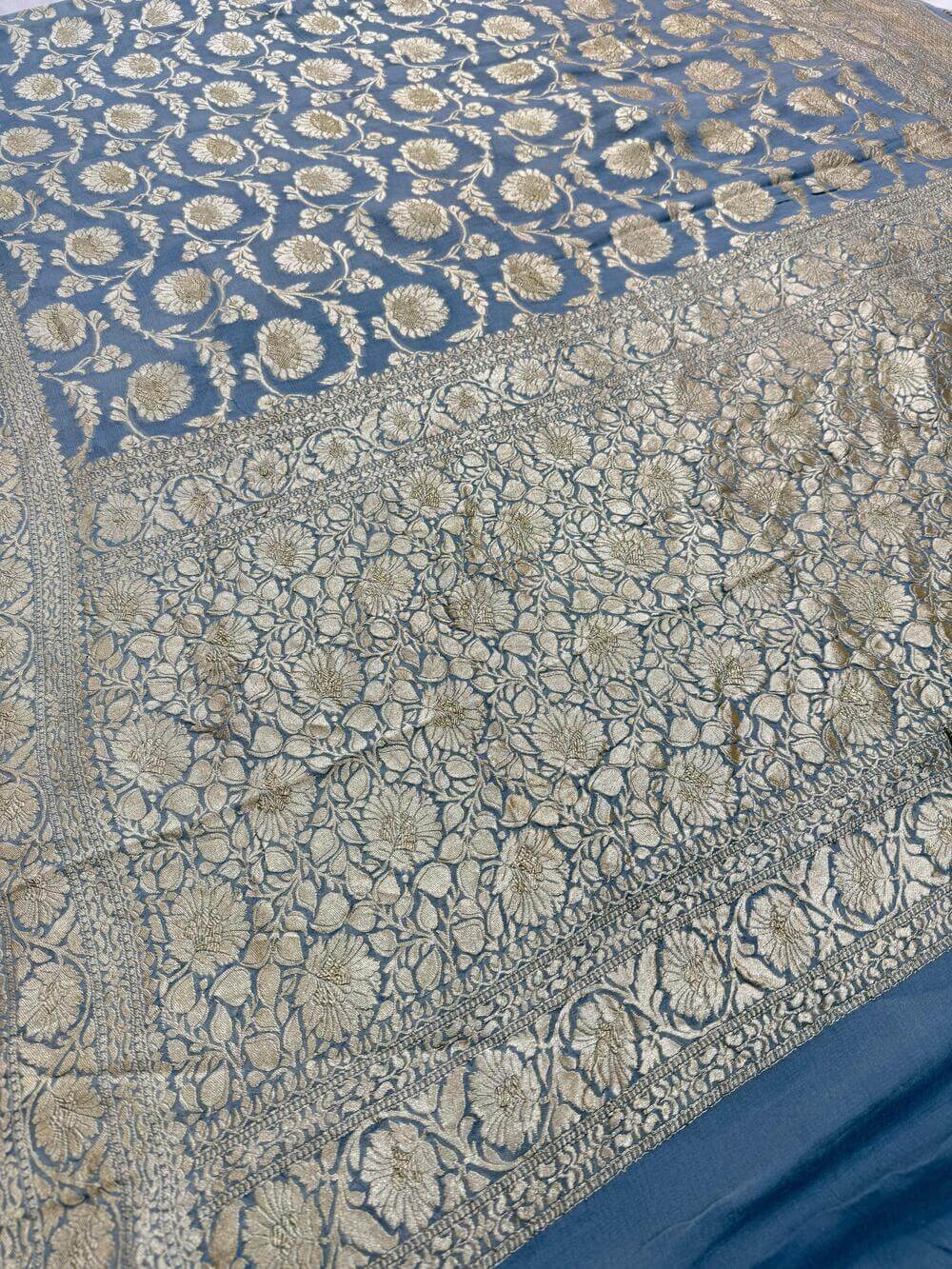 KHADDI GEORGETTE CHIFFON SILK HANDLOOM SAREE – GRAY (ALLOVER JAAL, HANDWOVEN)