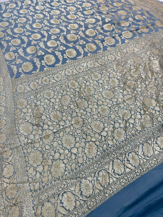 KHADDI GEORGETTE CHIFFON SILK HANDLOOM SAREE – GRAY (ALLOVER JAAL, HANDWOVEN)