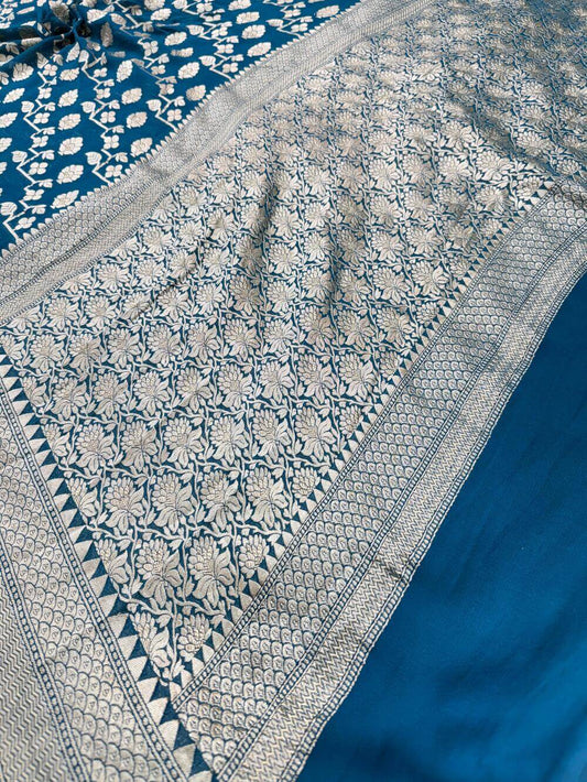 KHADDI GEORGETTE CHIFFON SILK HANDLOOM SAREE – GERMAN BLUE RAMA (ALLOVER JAAL, HANDWOVEN)