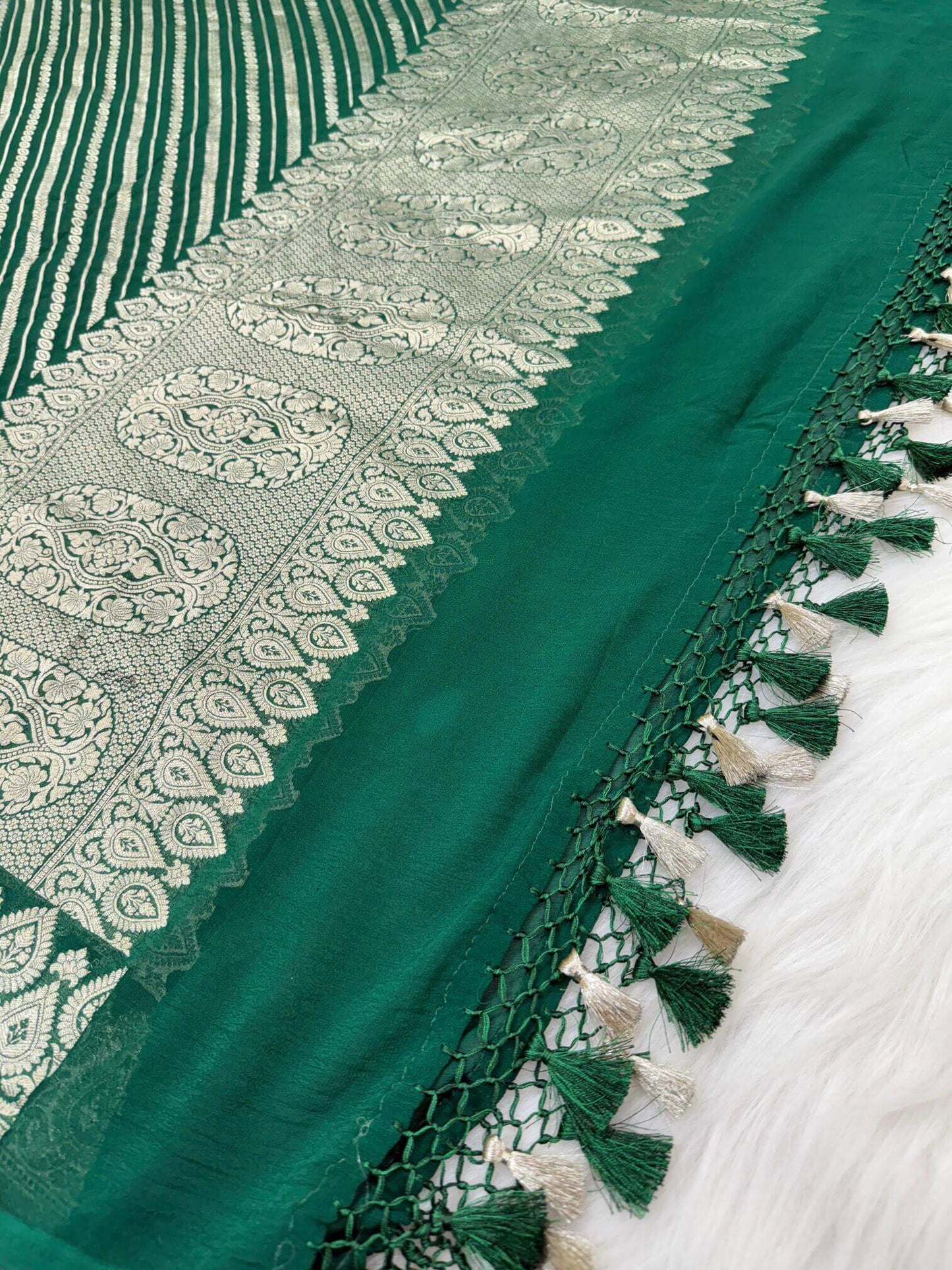 KHADDI GEORGETTE AADA DESIGN DUPATTA WITH WATER ZARI – BOTTLE GREEN