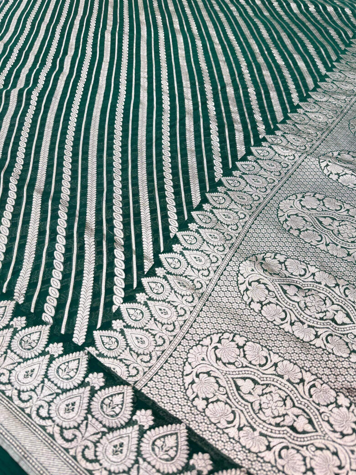 KHADDI GEORGETTE AADA DESIGN DUPATTA WITH WATER ZARI – BOTTLE GREEN