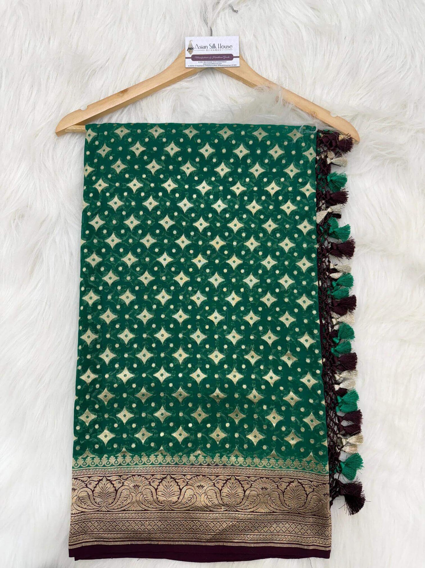 KHADDI GEORGETTE BOOTI DESIGN DUPATTA WITH WATER ZARI – PAKISTANI GREEN & BROWN BORDER