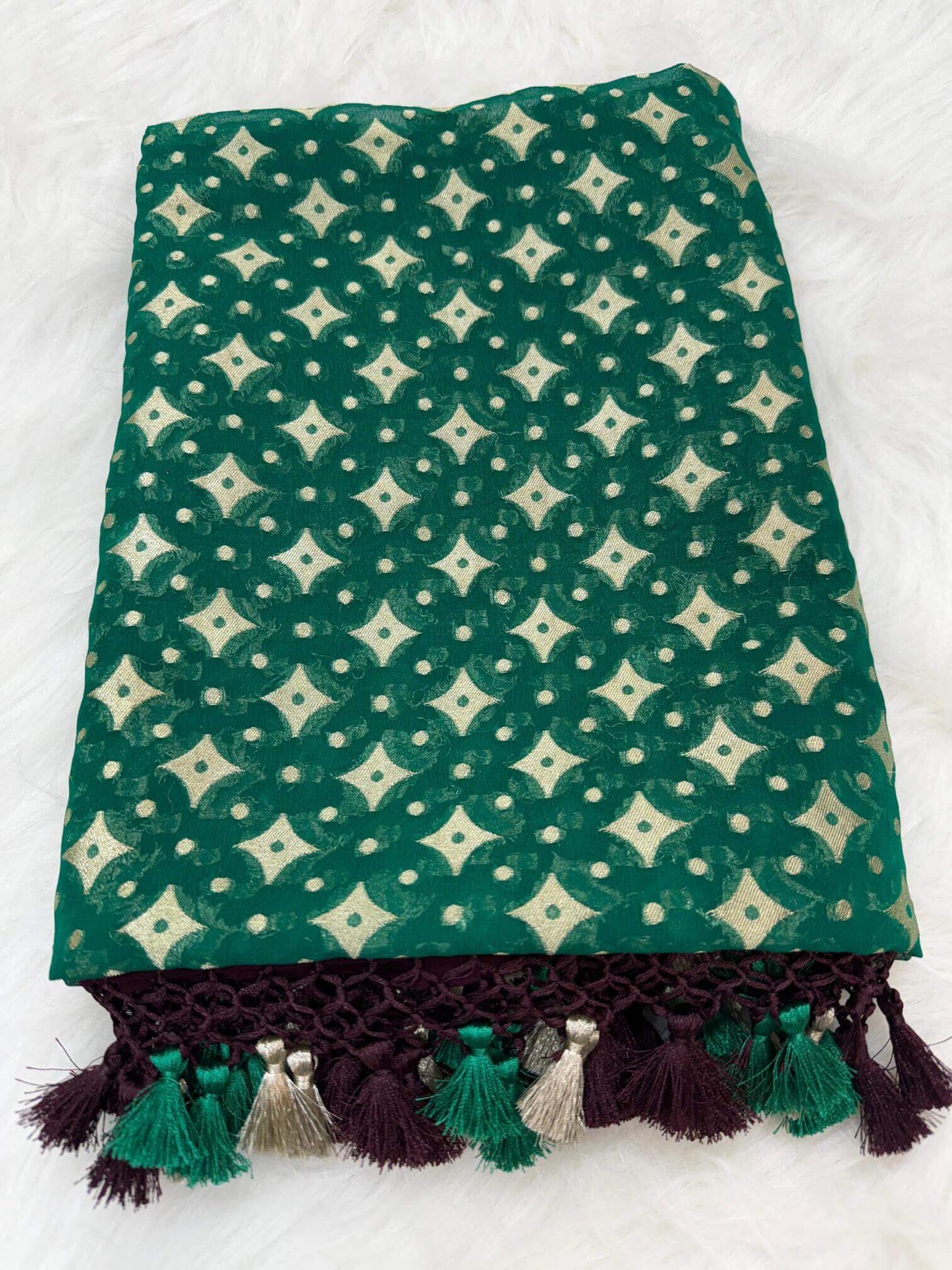 KHADDI GEORGETTE BOOTI DESIGN DUPATTA WITH WATER ZARI – PAKISTANI GREEN & BROWN BORDER