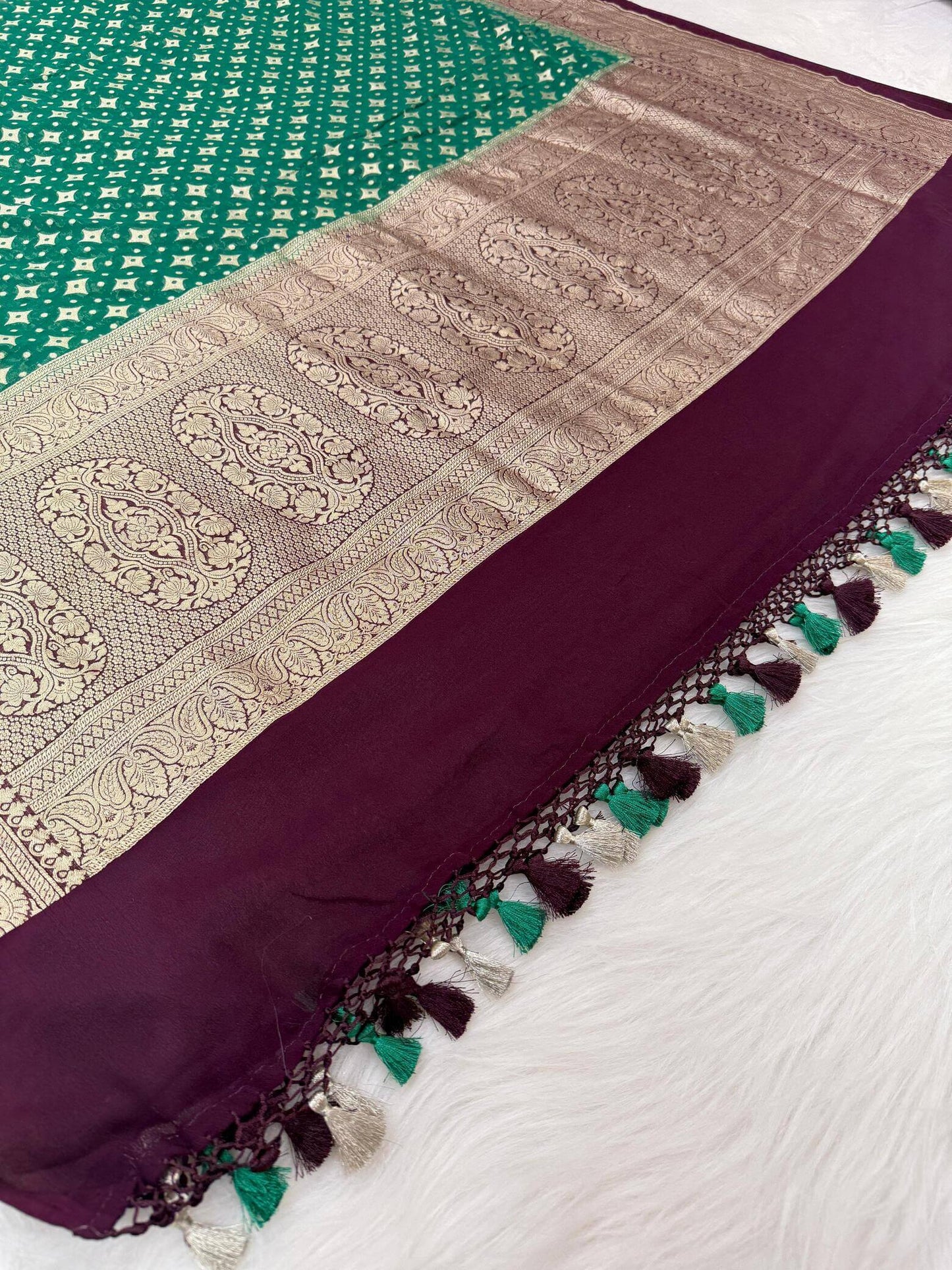 KHADDI GEORGETTE BOOTI DESIGN DUPATTA WITH WATER ZARI – PAKISTANI GREEN & BROWN BORDER