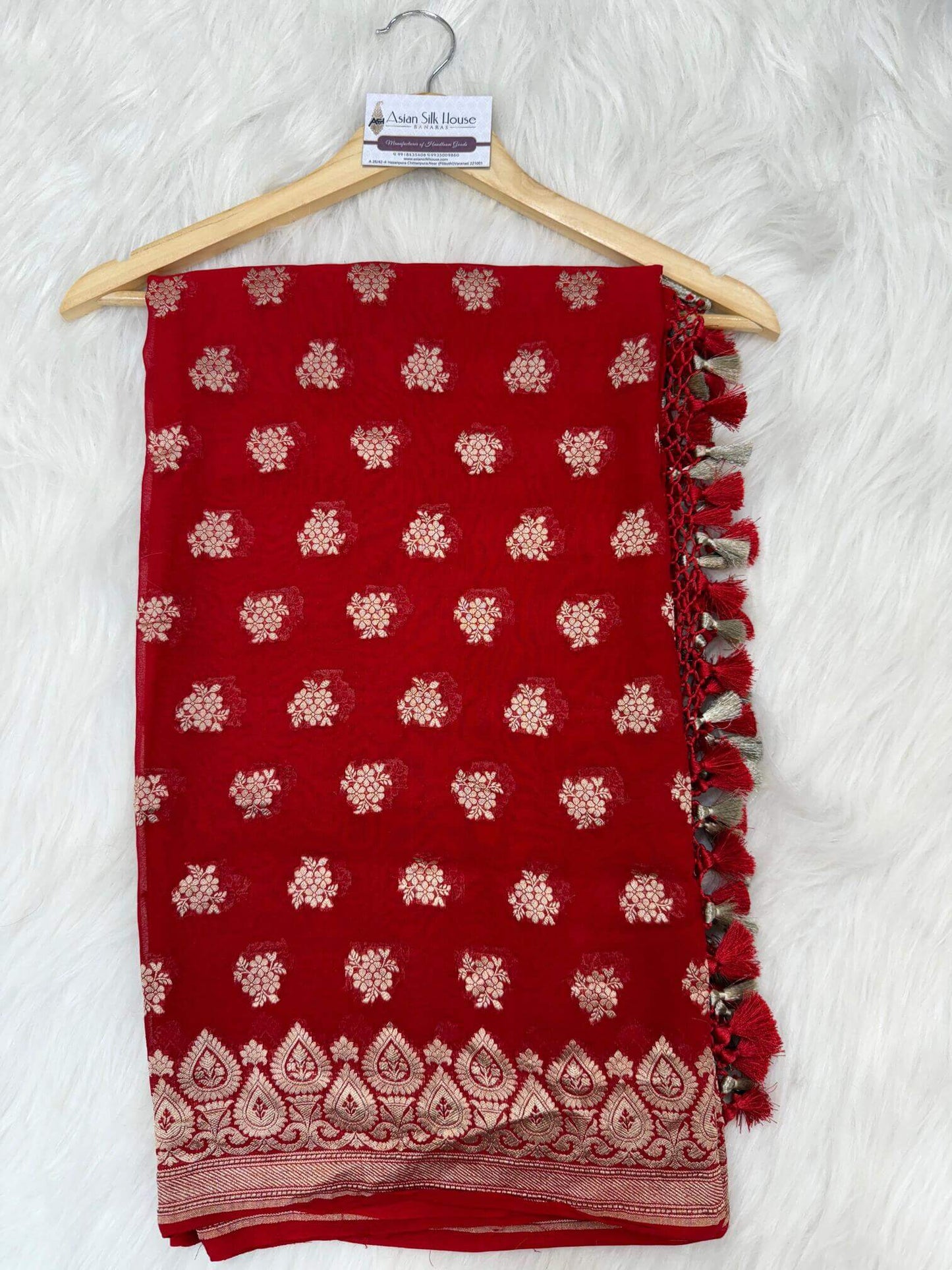 KHADDI GEORGETTE BOOTI DESIGN DUPATTA WITH WATER ZARI – TOMATO RED