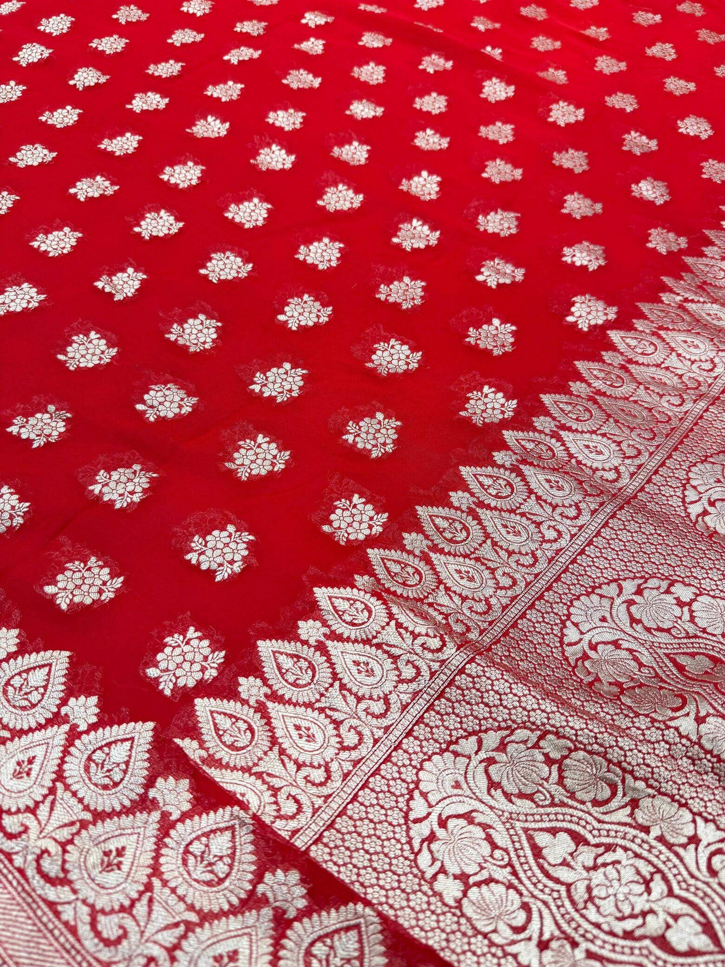 KHADDI GEORGETTE BOOTI DESIGN DUPATTA WITH WATER ZARI – TOMATO RED