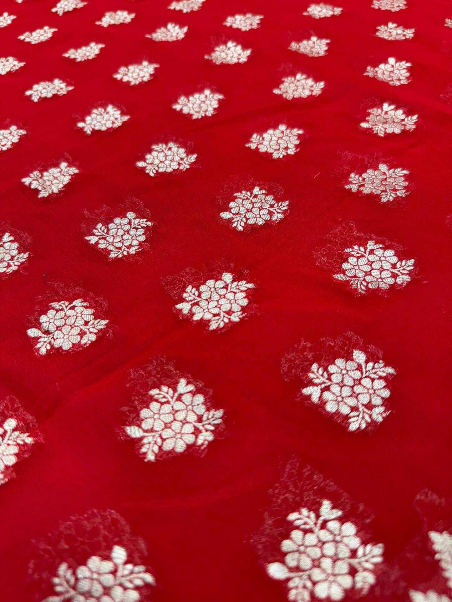 KHADDI GEORGETTE BOOTI DESIGN DUPATTA WITH WATER ZARI – TOMATO RED