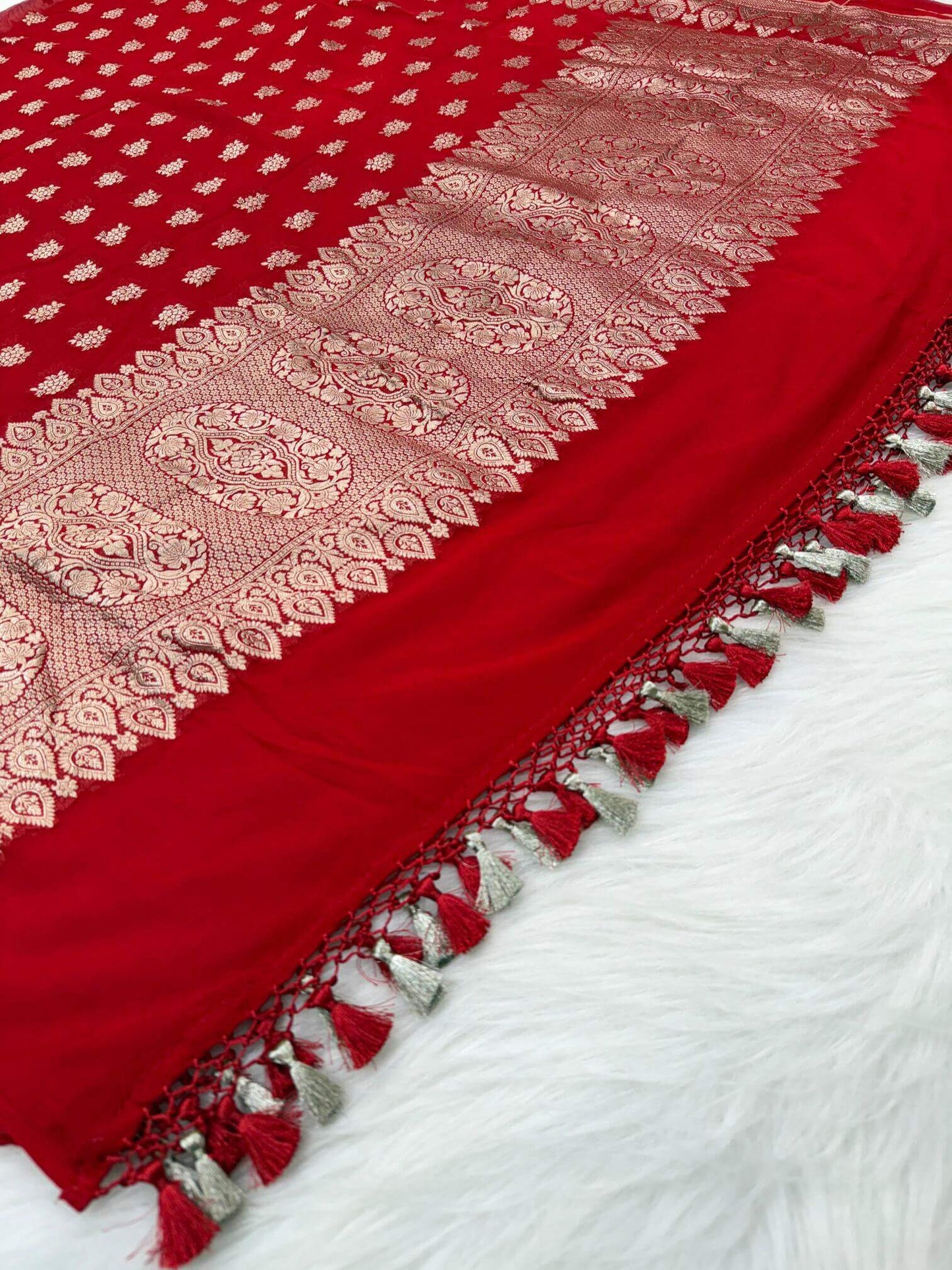 KHADDI GEORGETTE BOOTI DESIGN DUPATTA WITH WATER ZARI – TOMATO RED