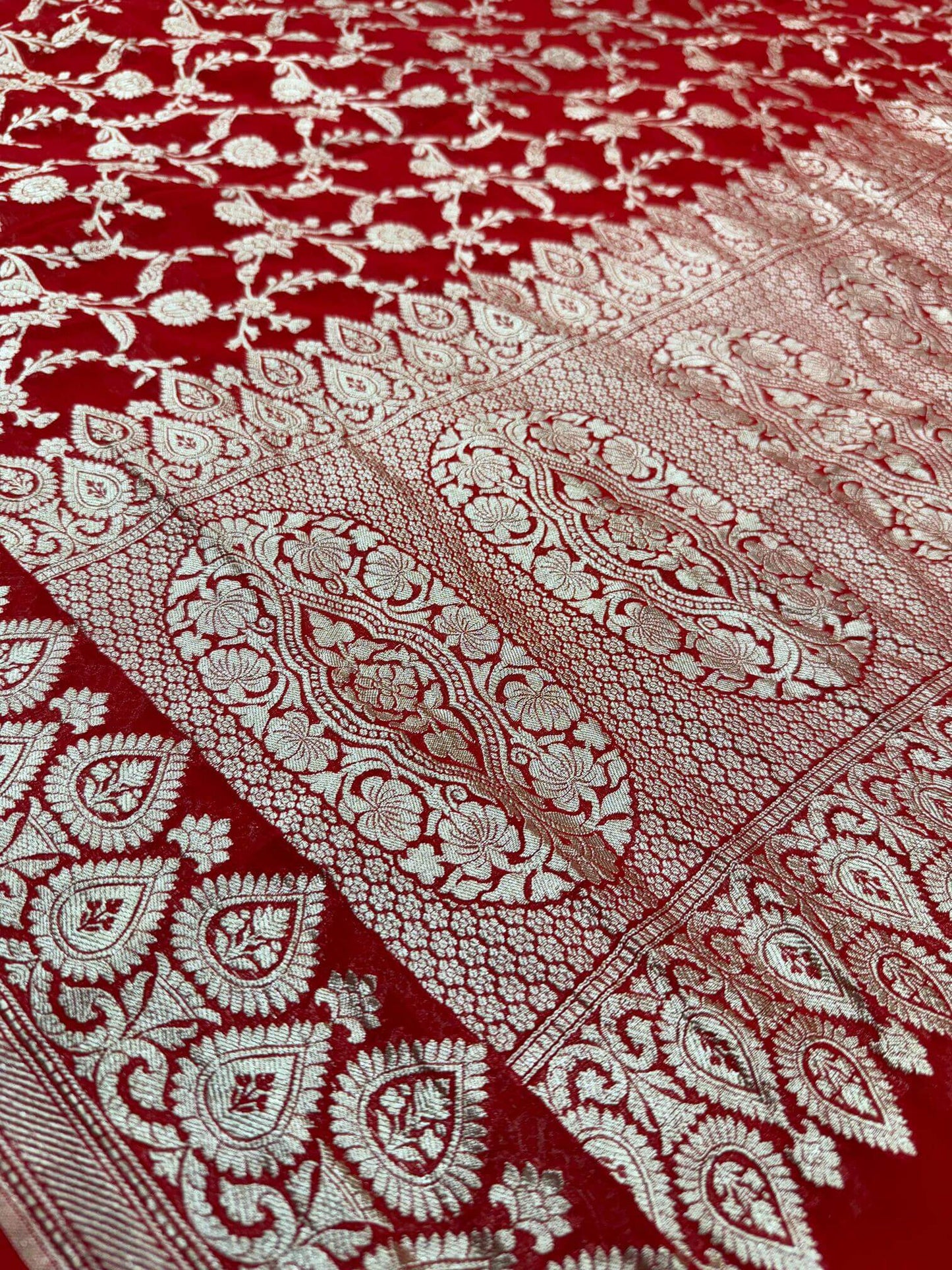 KHADDI GEORGETTE JAAL DESIGN DUPATTA WITH WATER ZARI – RED