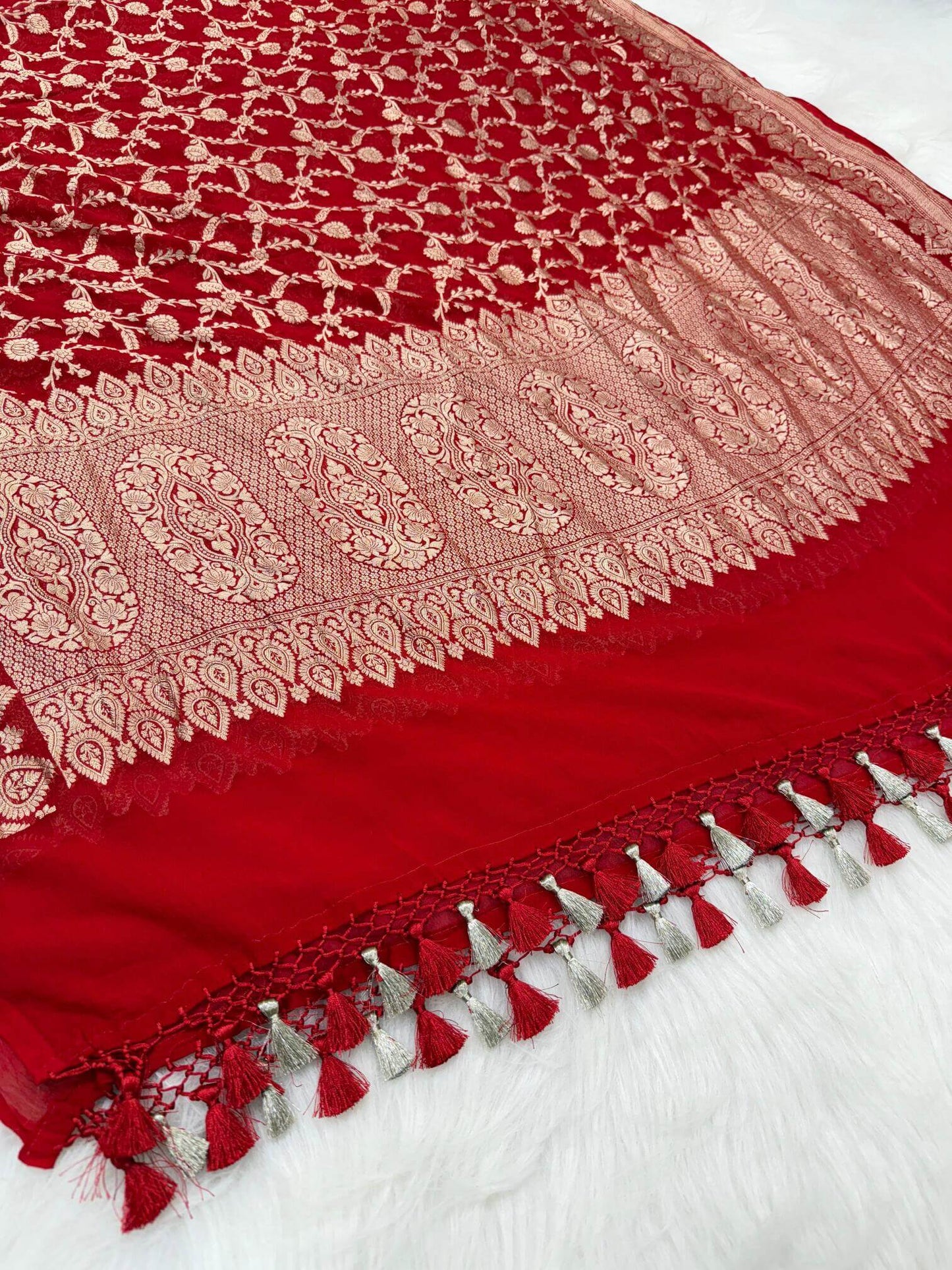 KHADDI GEORGETTE JAAL DESIGN DUPATTA WITH WATER ZARI – RED