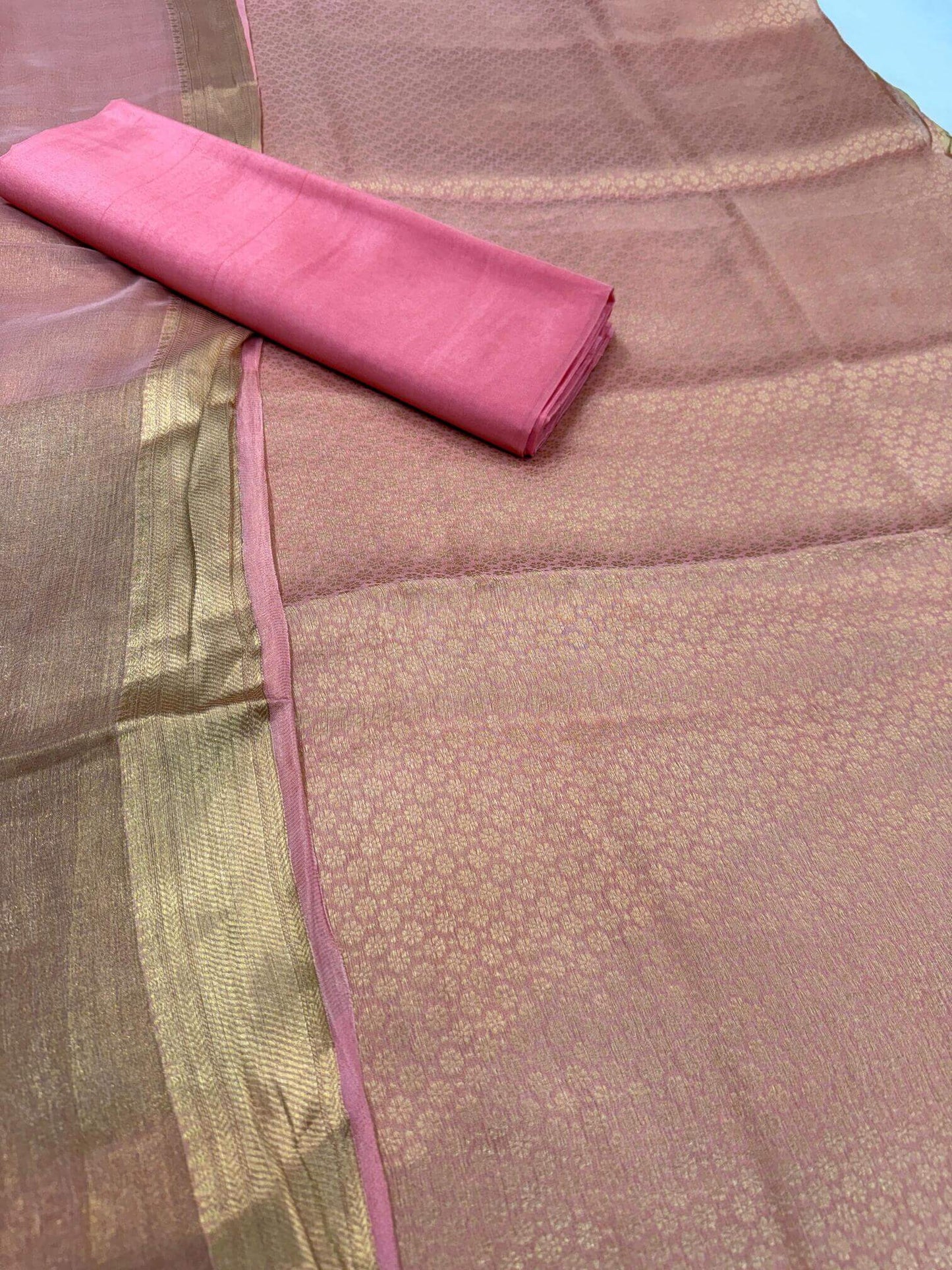 PURE CHIFFON TANCHOI UNSTITCHED SUIT SET WITH TISSUE DUPATTA – DOUBLE SHADE ORANGE | FLOWER BOOTI DESIGN