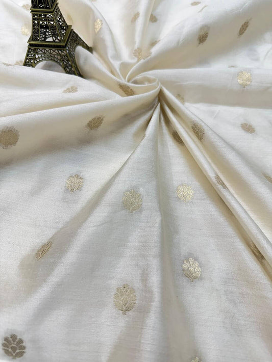 PURE CHINIYA SILK FABRIC – CREAM IVORY (CUTWORK BOOTI, RESHAMI ZARI WEAVE, DYEABLE, PER METER)