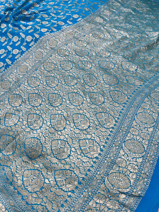 KHADDI GEORGETTE CHIFFON SILK HANDLOOM SAREE – LIGHT FIROZI (ALL OVER JAAL, HANDWOVEN)