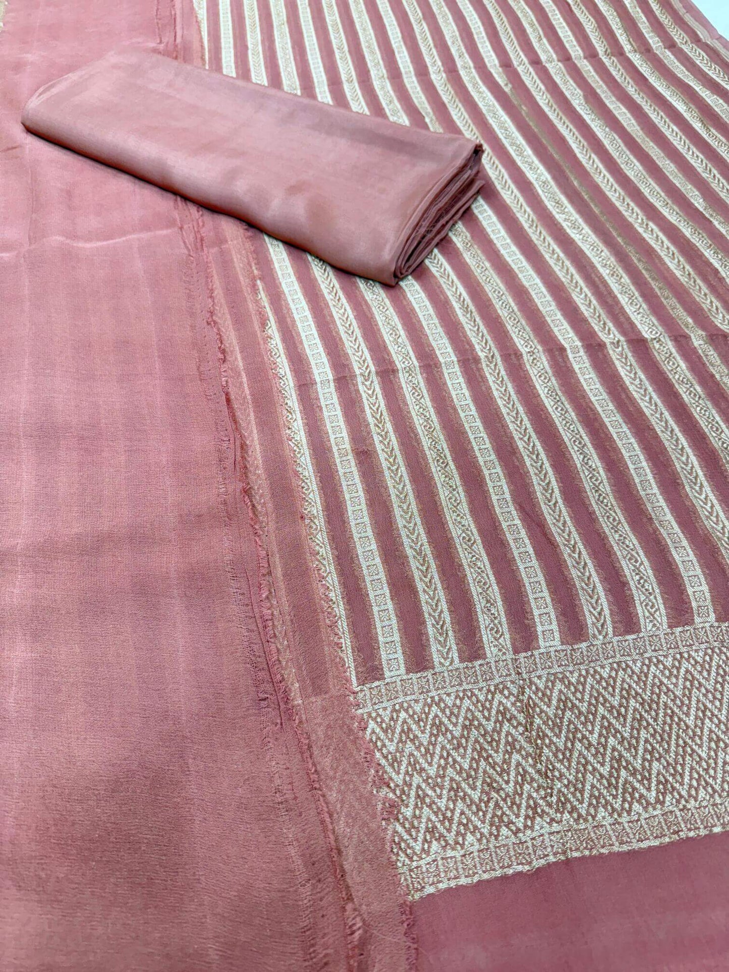 PURE KHADDI GEORGETTE UNSTITCHED SUIT SET – CHIKOO MOUSE | BANDHEJ & MARWADI STRIPE DESIGN