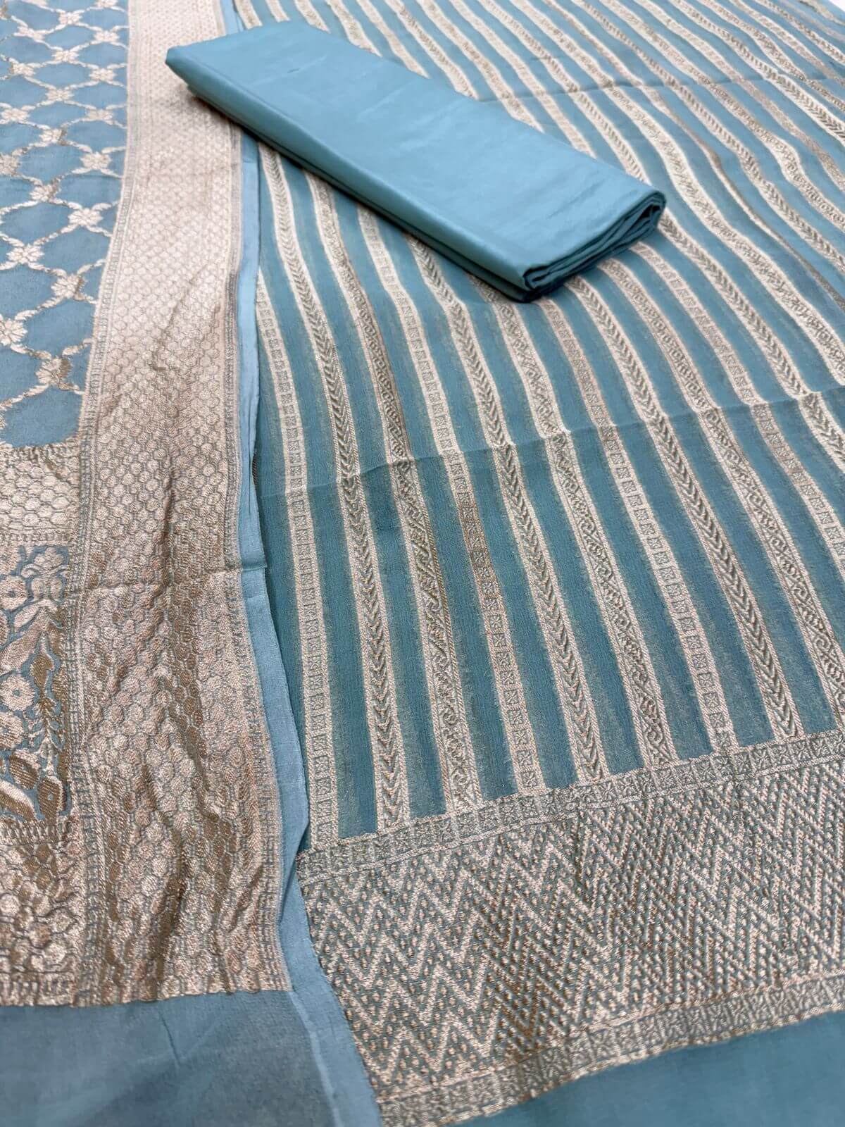PURE KHADDI GEORGETTE UNSTITCHED SUIT SET – LIGHT FIROZI | BANDHEJ & MARWADI STRIPE DESIGN