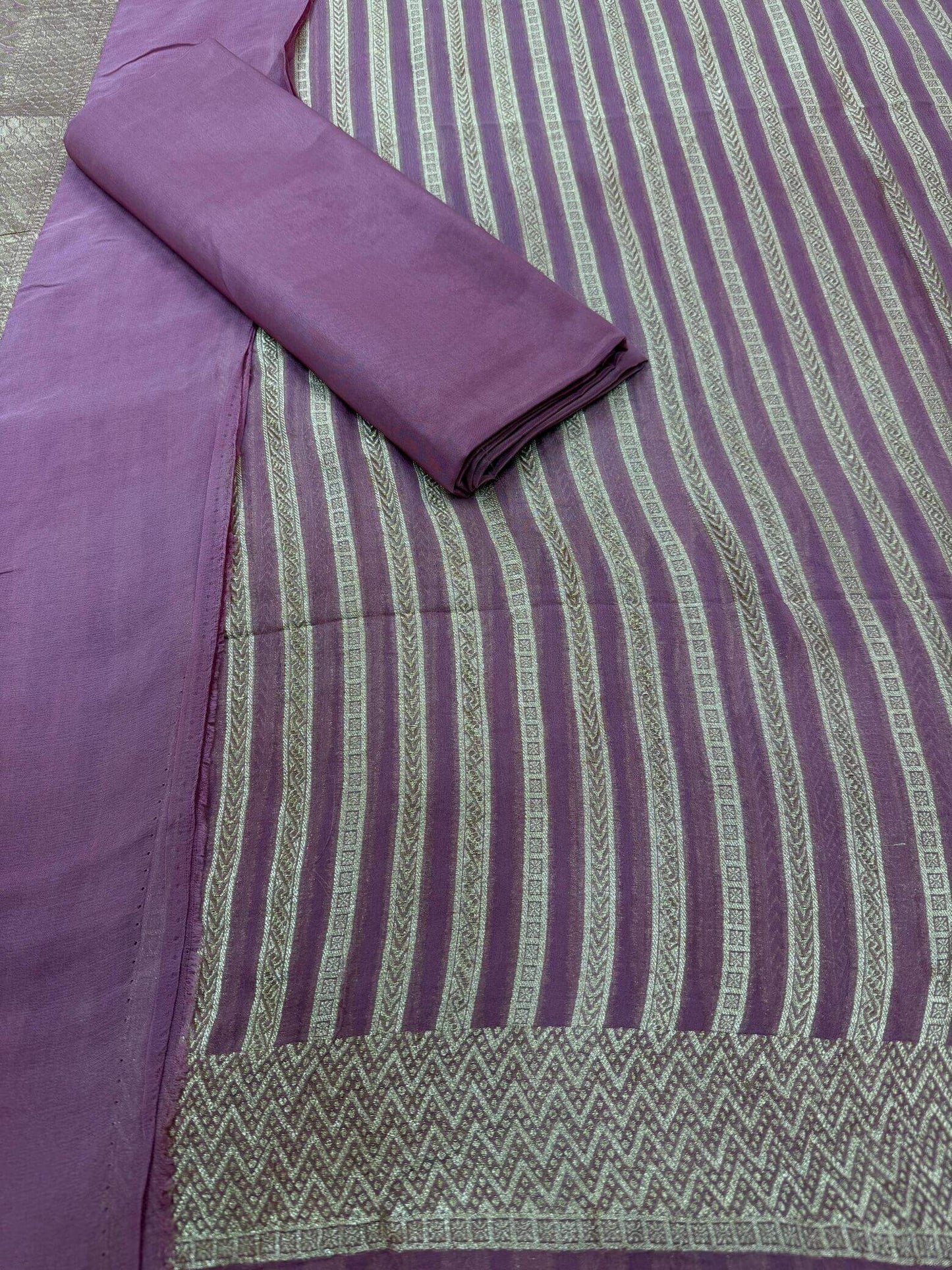 PURE KHADDI GEORGETTE UNSTITCHED SUIT SET – PINK | BANDHEJ & MARWADI STRIPE DESIGN