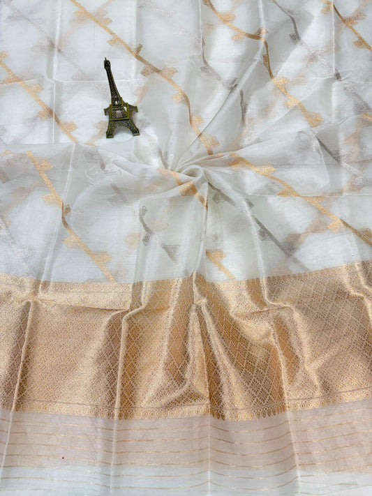 PURE KORA ORGANZA SILK DUPATTA – DESIGN 2 (AADA STRIPE KADHUWA, SONA RUPA ZARI, DYEABLE)
