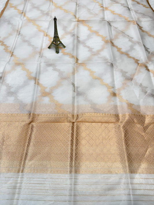 PURE KORA ORGANZA SILK DUPATTA – DESIGN 5 (AADA STRIPE KADHUWA, SONA RUPA ZARI, DYEABLE)