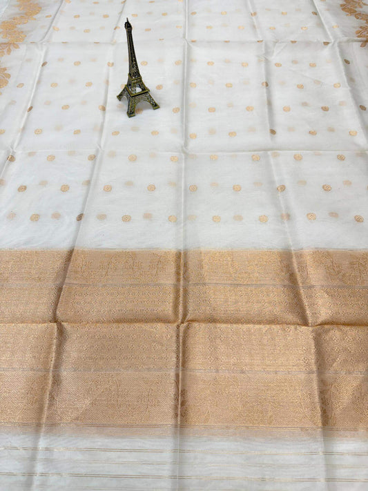 PURE KORA ORGANZA SILK DUPATTA – DESIGN 4 (AADA STRIPE KADHUWA, SONA RUPA ZARI, DYEABLE)