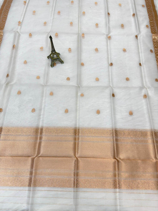 PURE KORA ORGANZA SILK DUPATTA – DESIGN 3 (AADA STRIPE KADHUWA, SONA RUPA ZARI, DYEABLE)