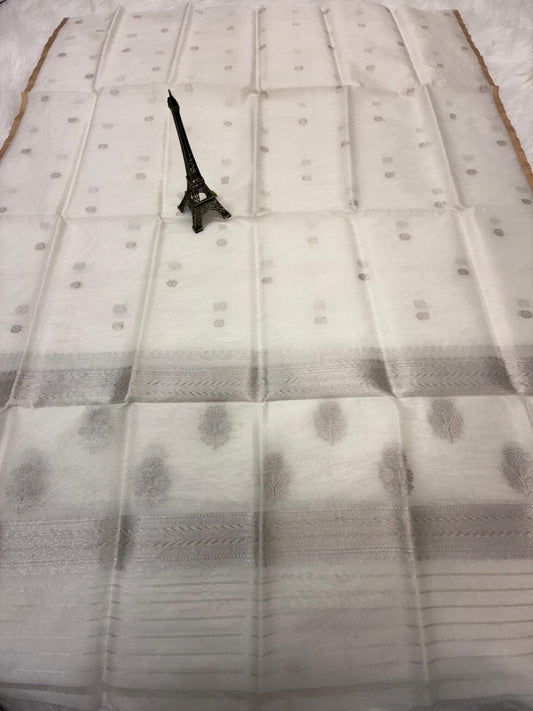 PURE KORA ORGANZA SILK DUPATTA – DESIGN 10 (AADA STRIPE KADHUWA, SILVER RUPA ZARI, DYEABLE)