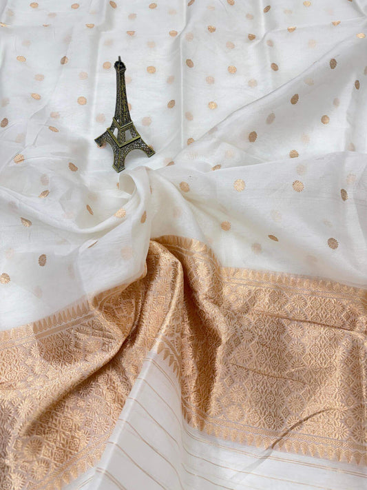 PURE KORA ORGANZA SILK DUPATTA – DESIGN 6 (AADA STRIPE KADHUWA, SONA RUPA ZARI, DYEABLE)