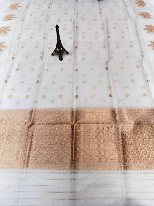 PURE KORA ORGANZA SILK DUPATTA – DESIGN 8 (AADA STRIPE KADHUWA, SONA RUPA ZARI, DYEABLE)