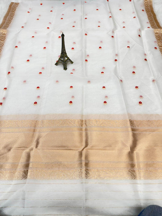 PURE KORA ORGANZA SILK DUPATTA – DESIGN 9 (AADA STRIPE KADHUWA, SONA RUPA ZARI, DYEABLE)