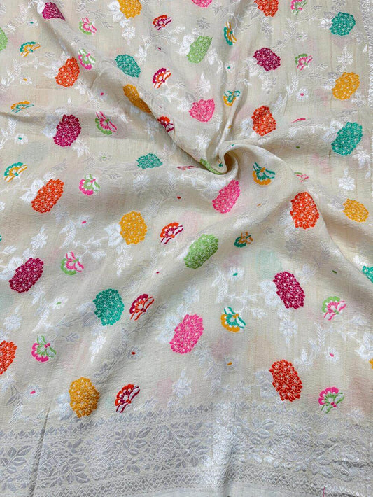 PURE TUSSAR KHADDI GEORGETTE SAREE – TUSSAR (DYEABLE, KADHUWA REAL ZARI, JAAL DESIGN)