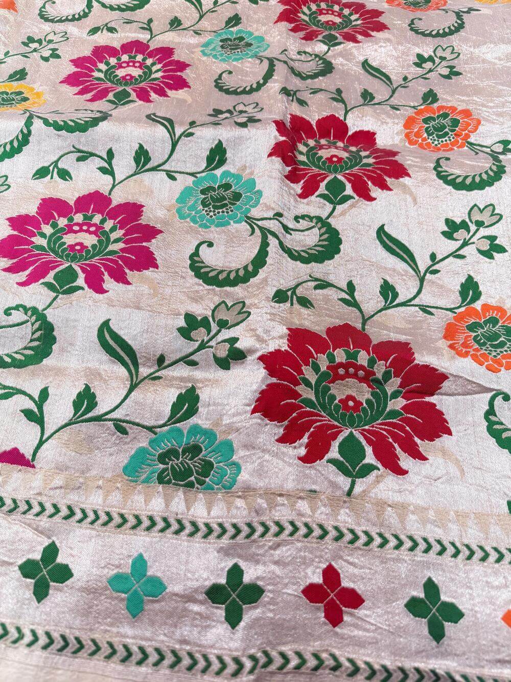 PURE TUSSAR KHADDI GEORGETTE SAREE – TUSSAR (DYEABLE, MULTICOLOR MEENAKARI JAAL, KADHUWA REAL ZARI)