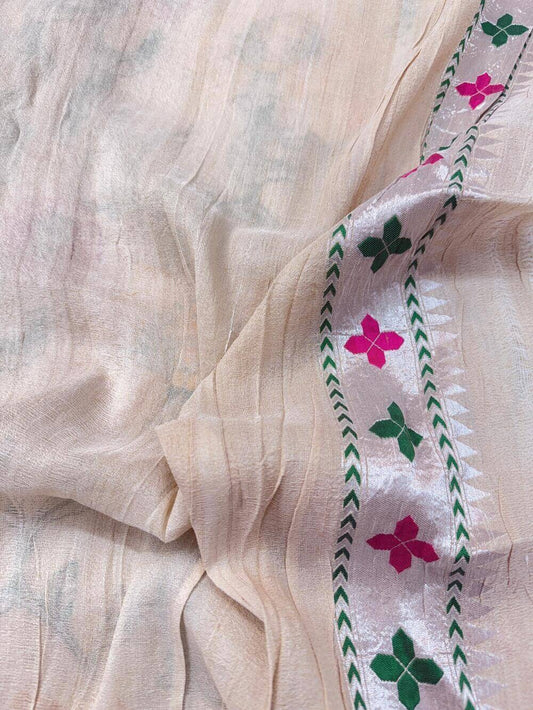 PURE TUSSAR KHADDI GEORGETTE SAREE – TUSSAR (DYEABLE, KADHUWA SILVER ZARI, JAAL DESIGN)