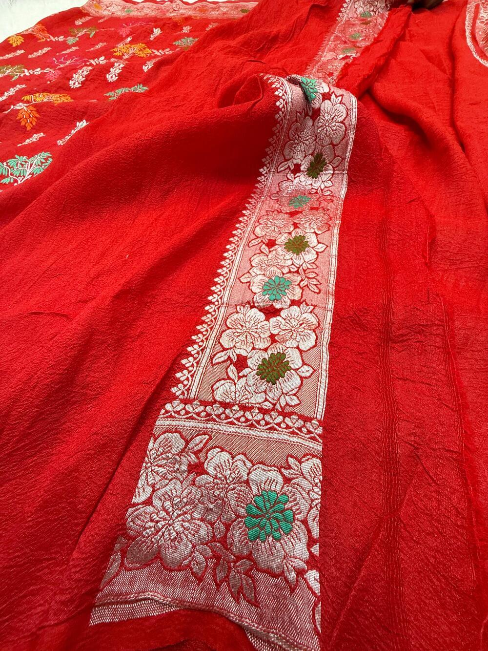 PURE TUSSAR KHADDI GEORGETTE SAREE – RED (KADHUWA REAL ZARI, BOOTA & JAAL DESIGN)