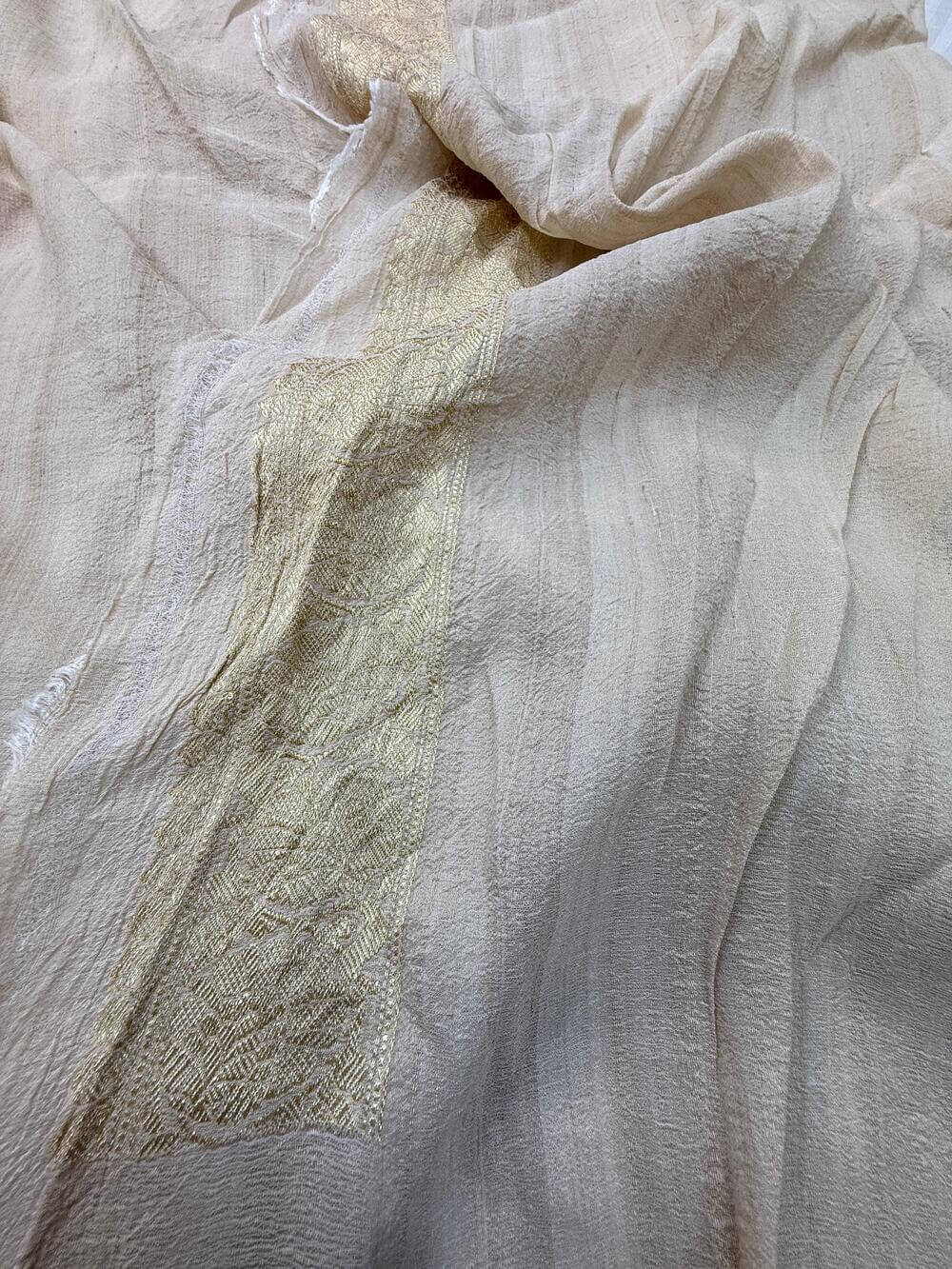 PURE TUSSAR KHADDI GEORGETTE SAREE – TUSSAR (DYEABLE, KADHUWA REAL ZARI, BOOTA DESIGN)