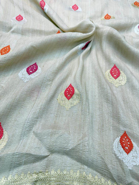 PURE TUSSAR KHADDI GEORGETTE SAREE – TUSSAR (DYEABLE, KADHUWA REAL ZARI, JAAL DESIGN)