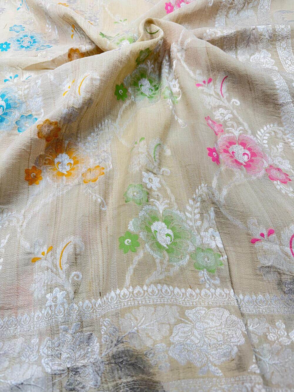 PURE TUSSAR GEORGETTE KHADDI SAREE – TUSSAR (KADHUWA REAL ZARI, DYEABLE, BOOTA & JAAL DESIGN)