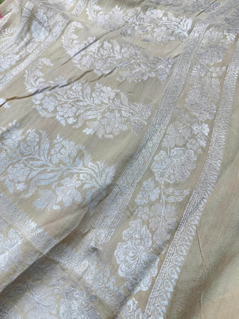 PURE TUSSAR GEORGETTE KHADDI SAREE – TUSSAR (KADHUWA REAL ZARI, DYEABLE, BOOTA & JAAL DESIGN)