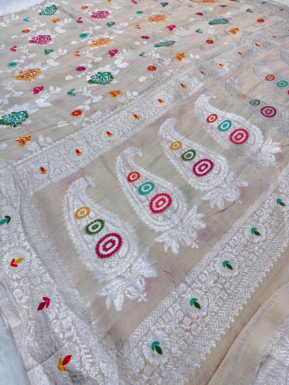 PURE TUSSAR KHADDI GEORGETTE SAREE – TUSSAR (KADHUWA REAL ZARI, DYEABLE, BOOTA & JAAL DESIGN)