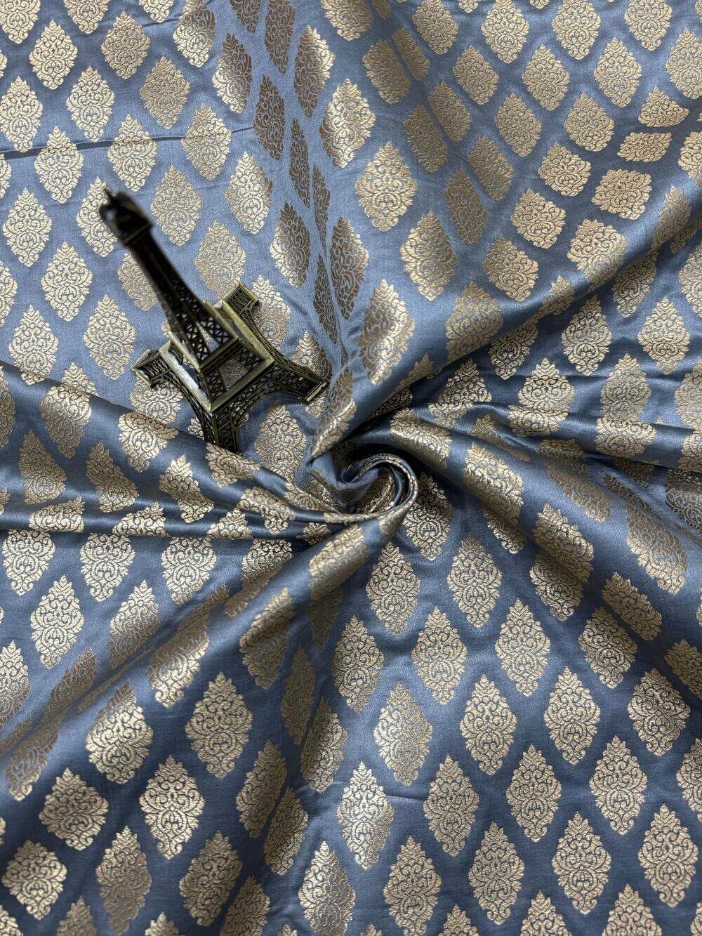 SATIN BROCADE BOOTA FABRIC – GRAY (ZARI SILK WEAVE, PER METER)