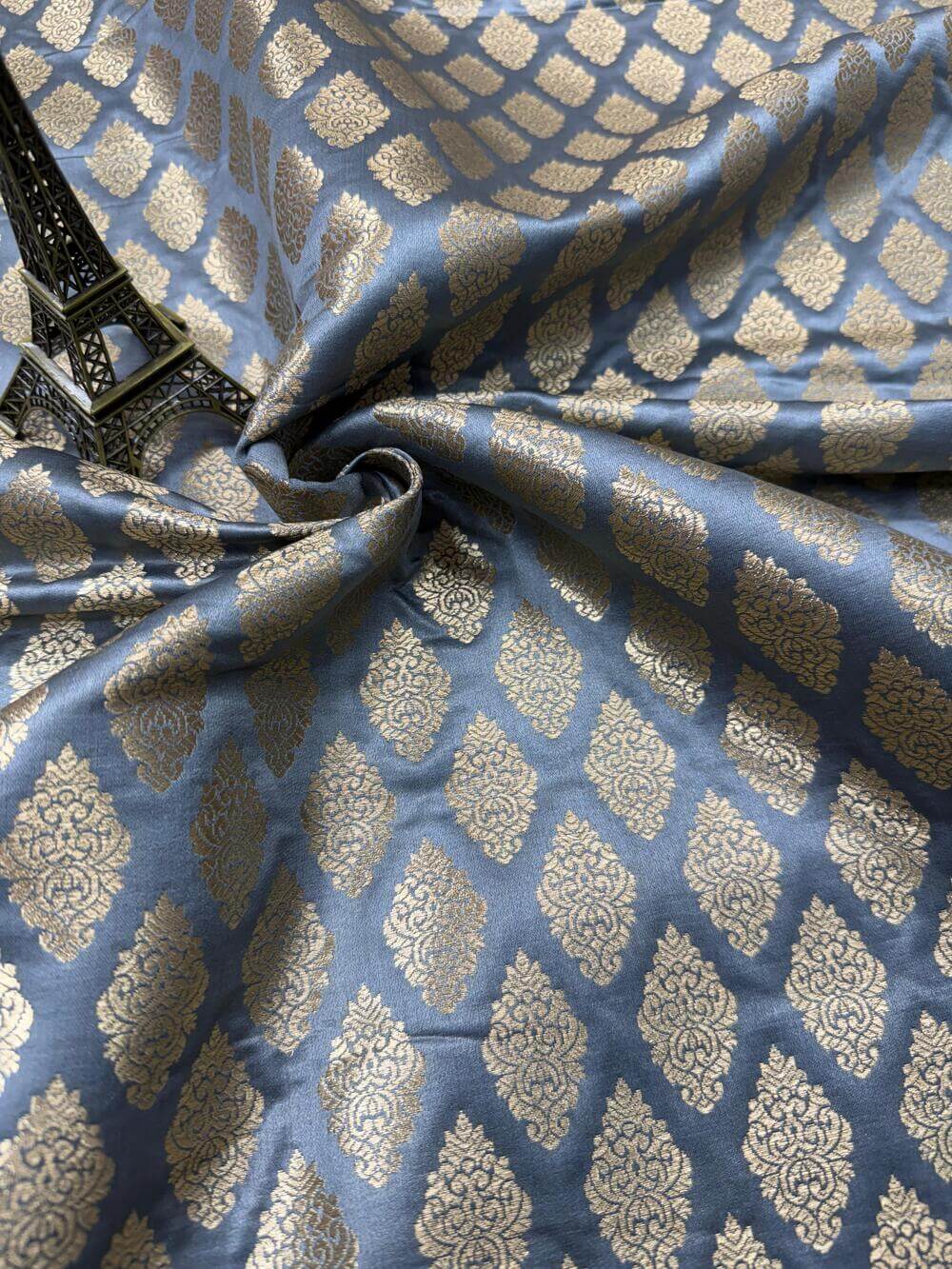 SATIN BROCADE BOOTA FABRIC – GRAY (ZARI SILK WEAVE, PER METER)