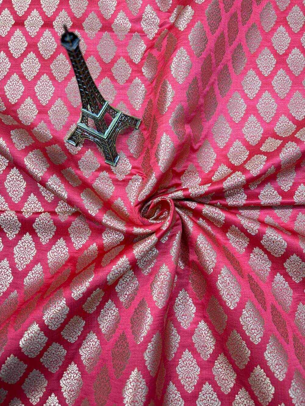 SATIN BROCADE BOOTA FABRIC – STRAWBERRY (ZARI SILK WEAVE, PER METER)