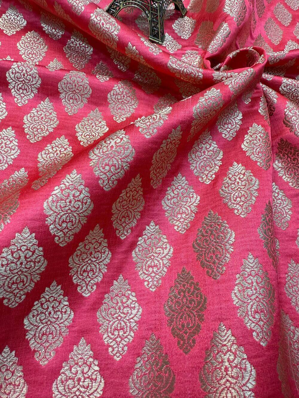SATIN BROCADE BOOTA FABRIC – STRAWBERRY (ZARI SILK WEAVE, PER METER)