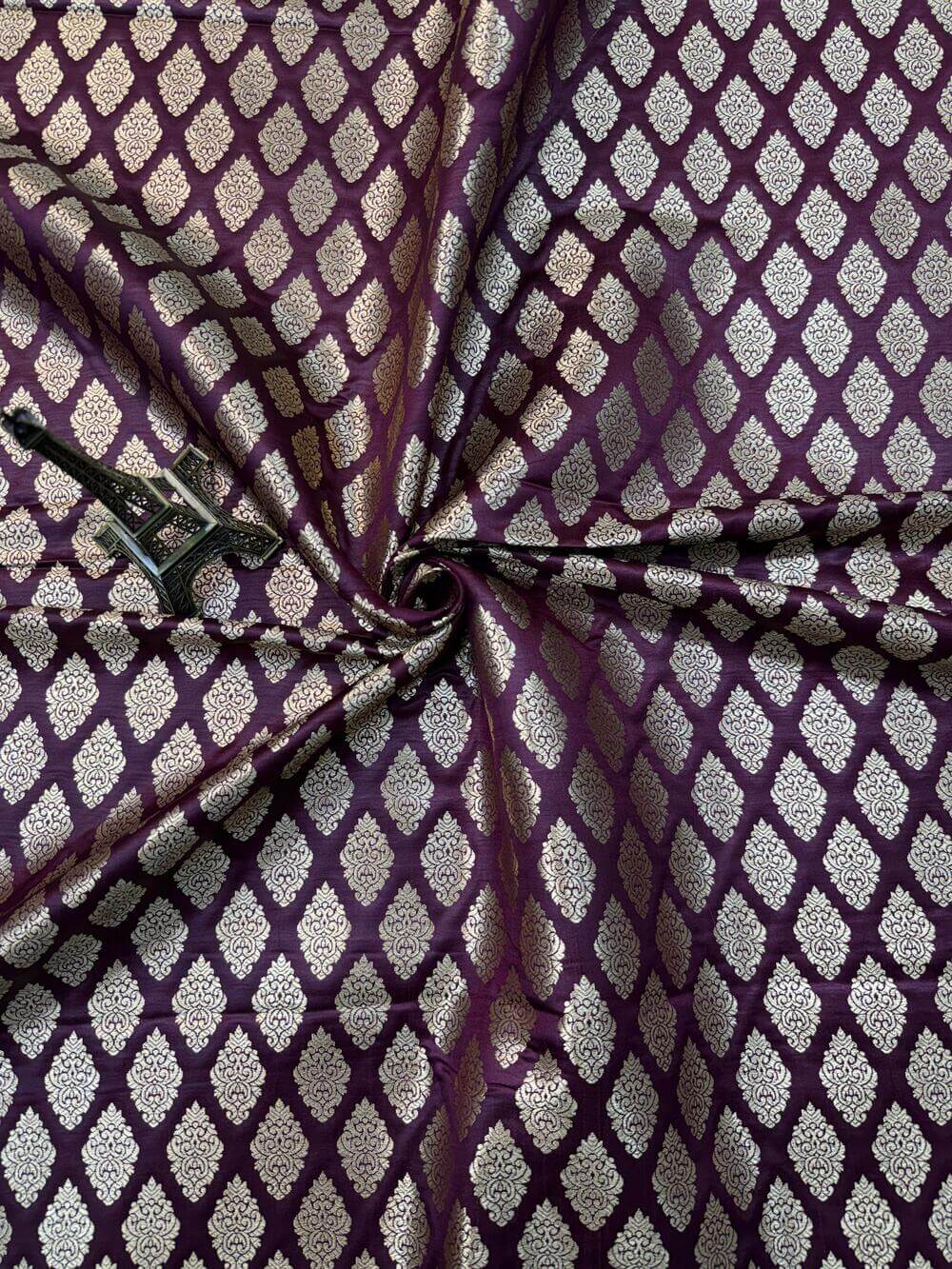 SATIN BROCADE BOOTA FABRIC – WINE (ZARI SILK WEAVE, PER METER)