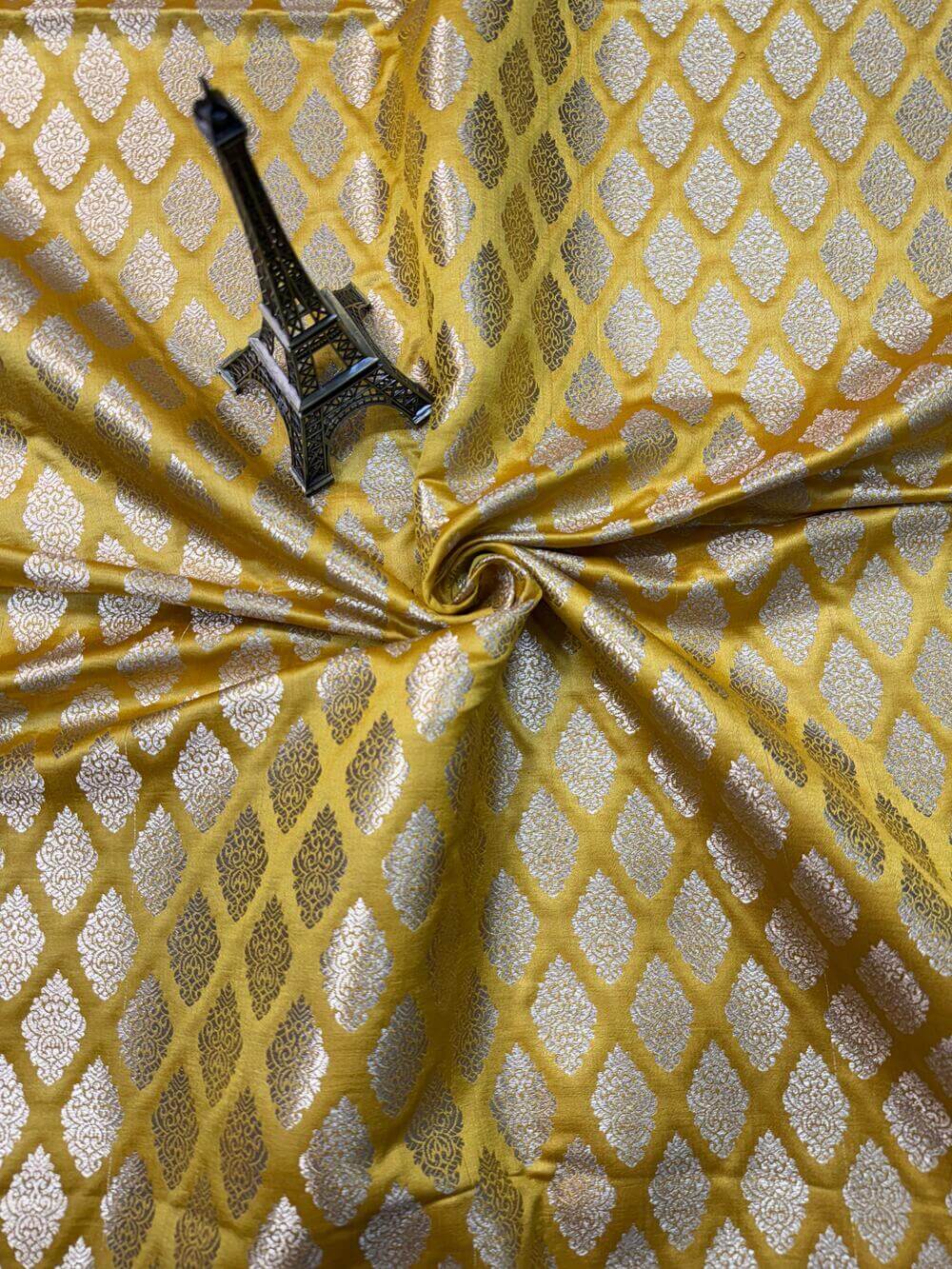 SATIN BROCADE BOOTA FABRIC – YELLOW GOLD HALDI (ZARI SILK WEAVE, PER METER)